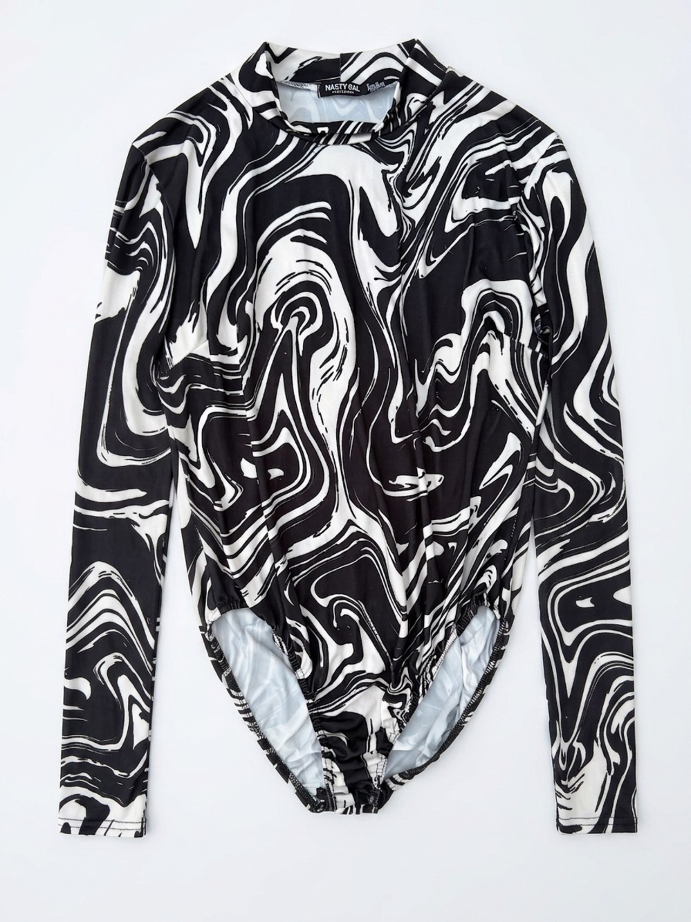 Nasty Gal Black & White Marble-Print Long Sleeve Bodysuit